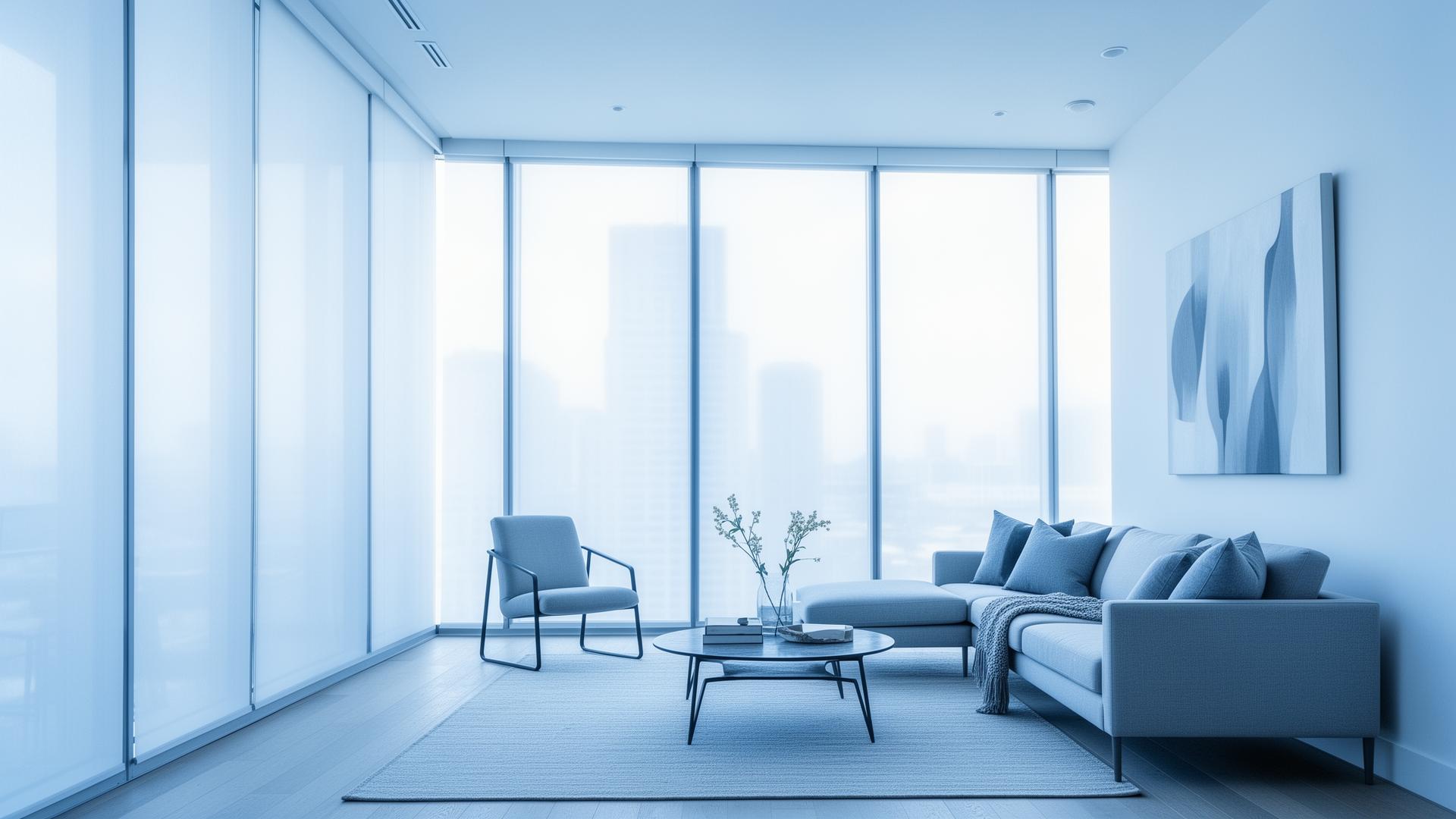 Bright Houston living room with privacy window film softening the afternoon sun
